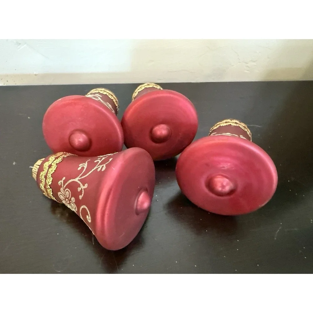 CHRISTMAS BY KREBS Glass BELL Ornaments Red w/ Gold Glitter Set of 4 No Box